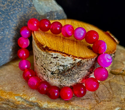 ❤️ Rose Red Striped Agate Beaded Bracelet – 10mm Natural Stone for Large Wrists