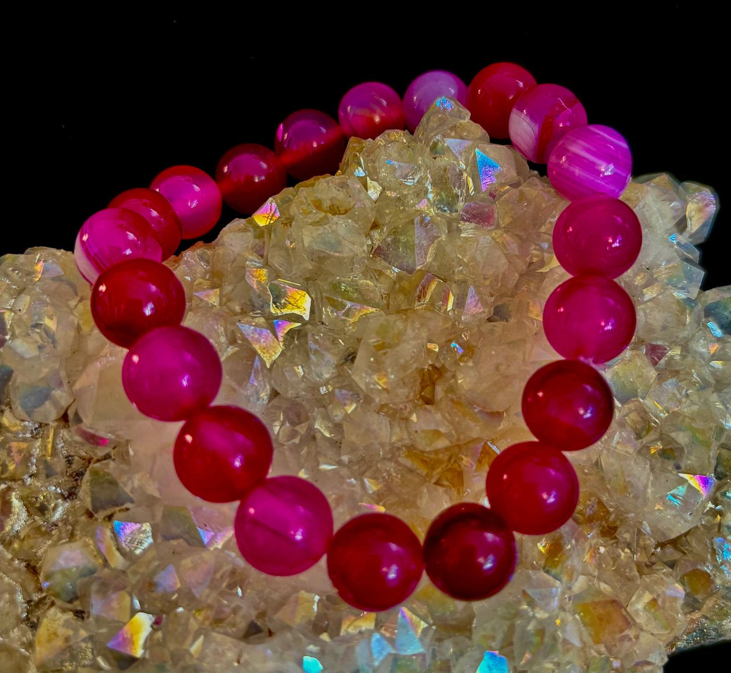 ❤️ Rose Red Striped Agate Beaded Bracelet – 10mm Natural Stone for Large Wrists