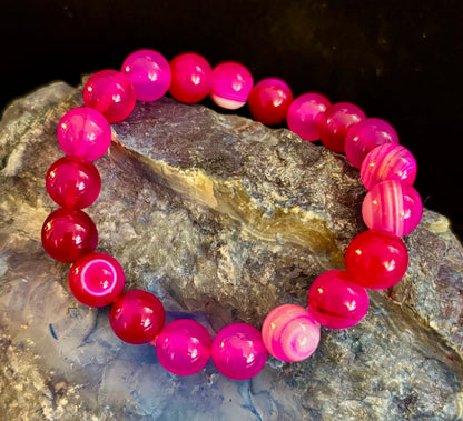 ❤️ Rose Red Striped Agate Beaded Bracelet – 10mm Natural Stone for Large Wrists