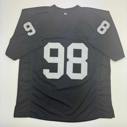 Autographed/Signed Maxx Crosby Las Vegas Oakland Black Football Jersey Beckett BAS COA