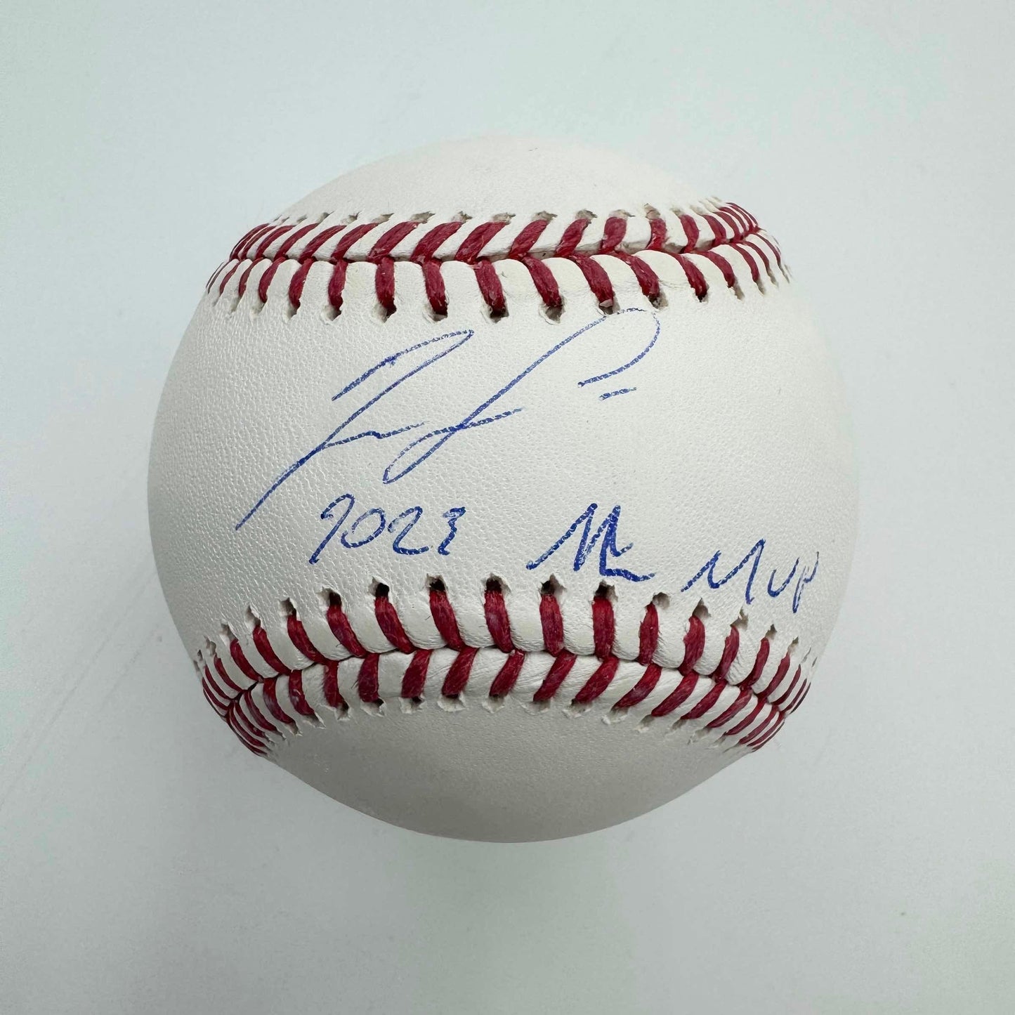 Autographed/Signed Ronald Acuna Jr. "2023 NL MVP" Rawlings Official Major League ROML Baseball Beckett BAS COA