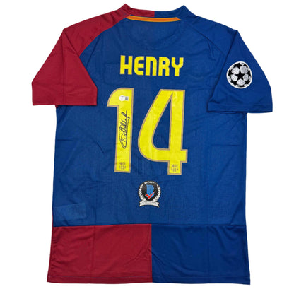 Autographed/Signed Thierry Henry FC Barcelona Blue Soccer Jersey Beckett BAS COA