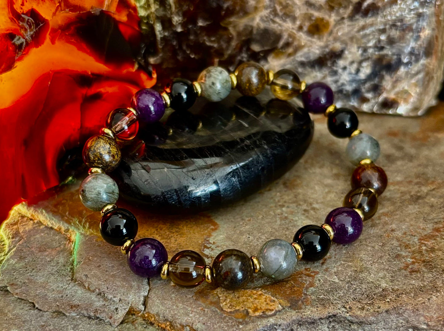 Reiki-Infused Mystic Energy Bracelet with Labradorite, Amethyst, Smoky Quartz, Black Onyx & Tiger’s Eye (8mm)