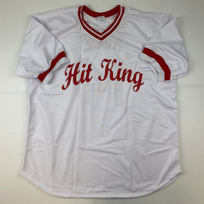 Autographed/Signed Pete Rose Inscribed Charlie Hustle Cincinnati White Baseball Jersey JSA COA