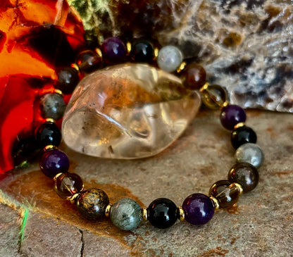 Reiki-Infused Mystic Energy Bracelet with Labradorite, Amethyst, Smoky Quartz, Black Onyx & Tiger’s Eye (8mm)