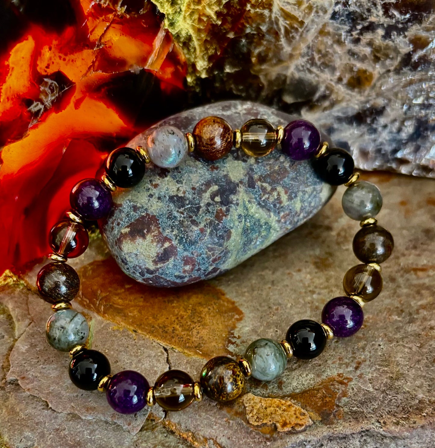 Reiki-Infused Mystic Energy Bracelet with Labradorite, Amethyst, Smoky Quartz, Black Onyx & Tiger’s Eye (8mm)