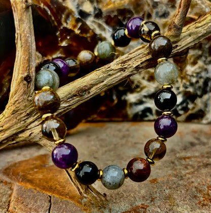Reiki-Infused Mystic Energy Bracelet with Labradorite, Amethyst, Smoky Quartz, Black Onyx & Tiger’s Eye (8mm)