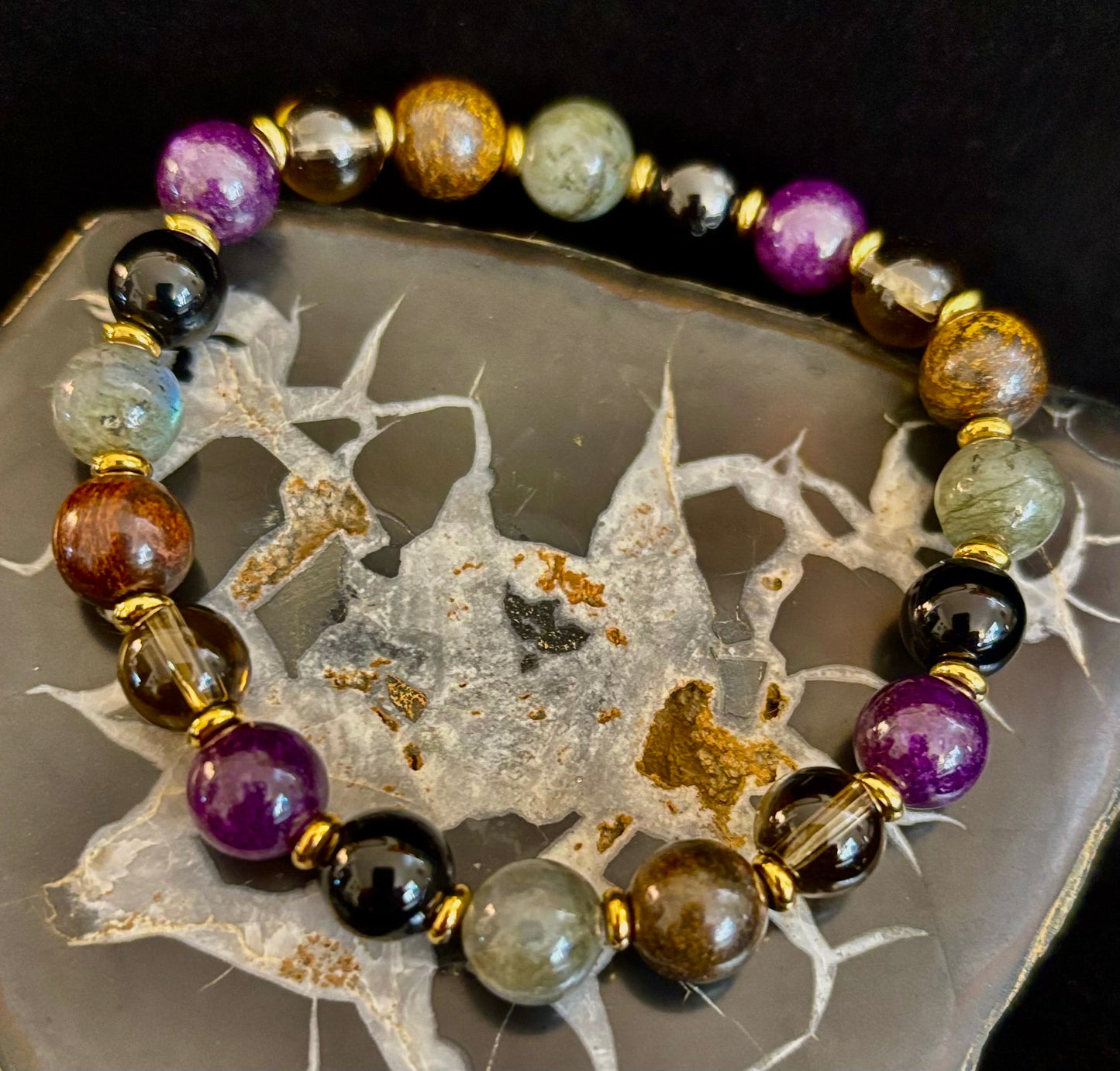 Reiki-Infused Mystic Energy Bracelet with Labradorite, Amethyst, Smoky Quartz, Black Onyx & Tiger’s Eye (8mm)