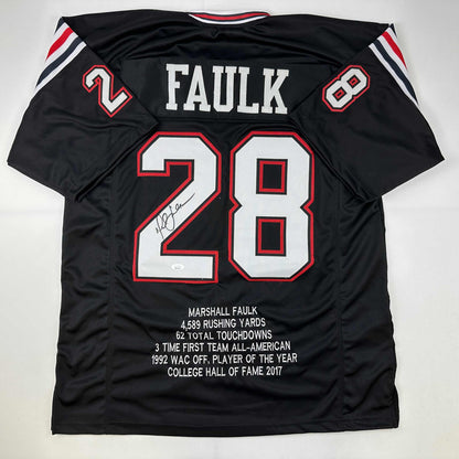 Autographed/Signed Marshall Faulk San Diego State Black Stat College Football Jersey JSA COA