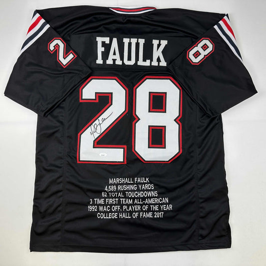 Autographed/Signed Marshall Faulk San Diego State Black Stat College Football Jersey JSA COA