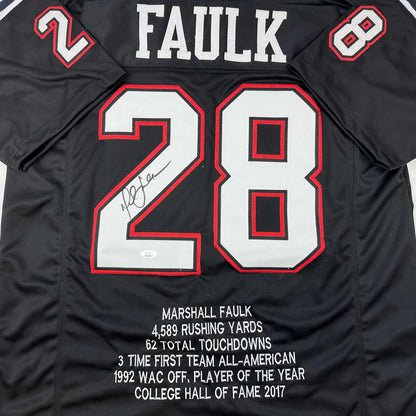 Autographed/Signed Marshall Faulk San Diego State Black Stat College Football Jersey JSA COA
