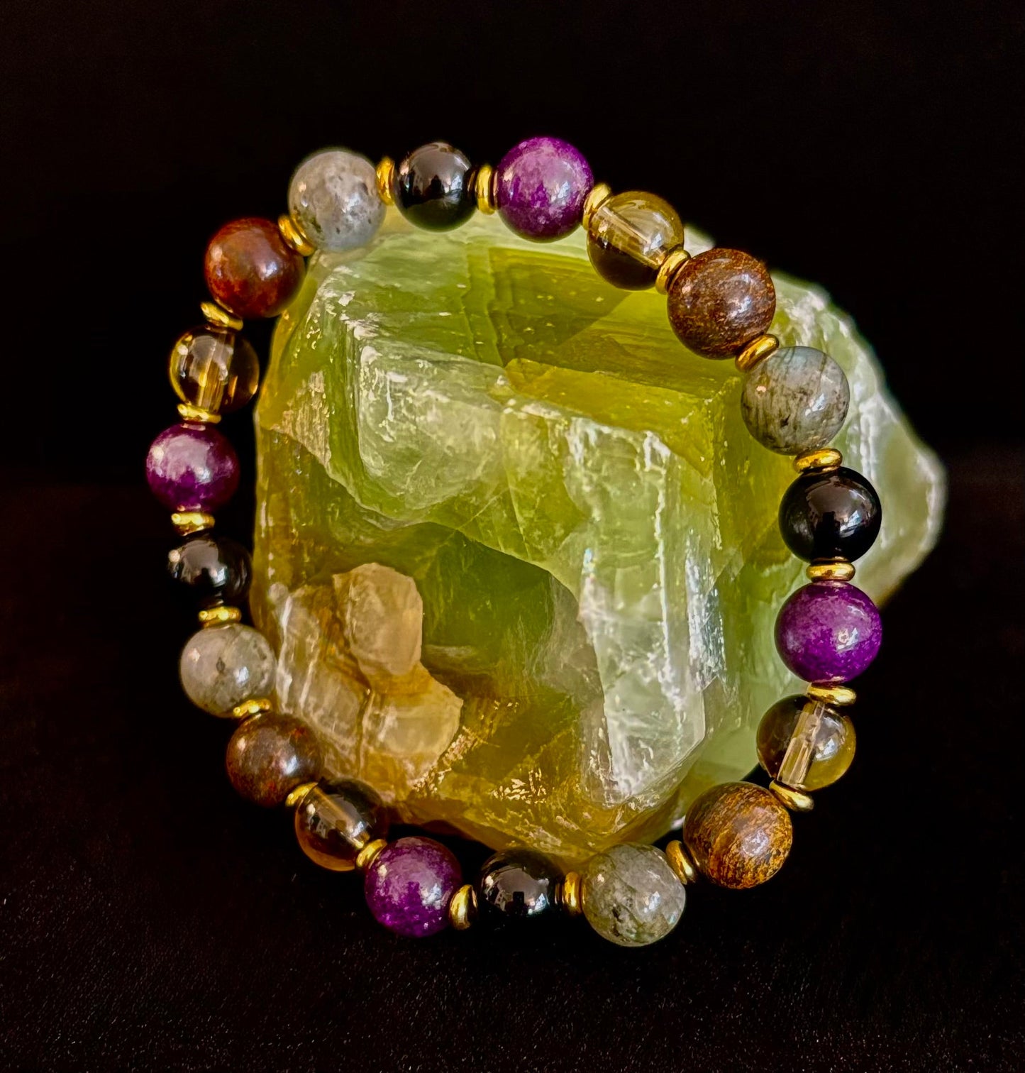 Reiki-Infused Mystic Energy Bracelet with Labradorite, Amethyst, Smoky Quartz, Black Onyx & Tiger’s Eye (8mm)