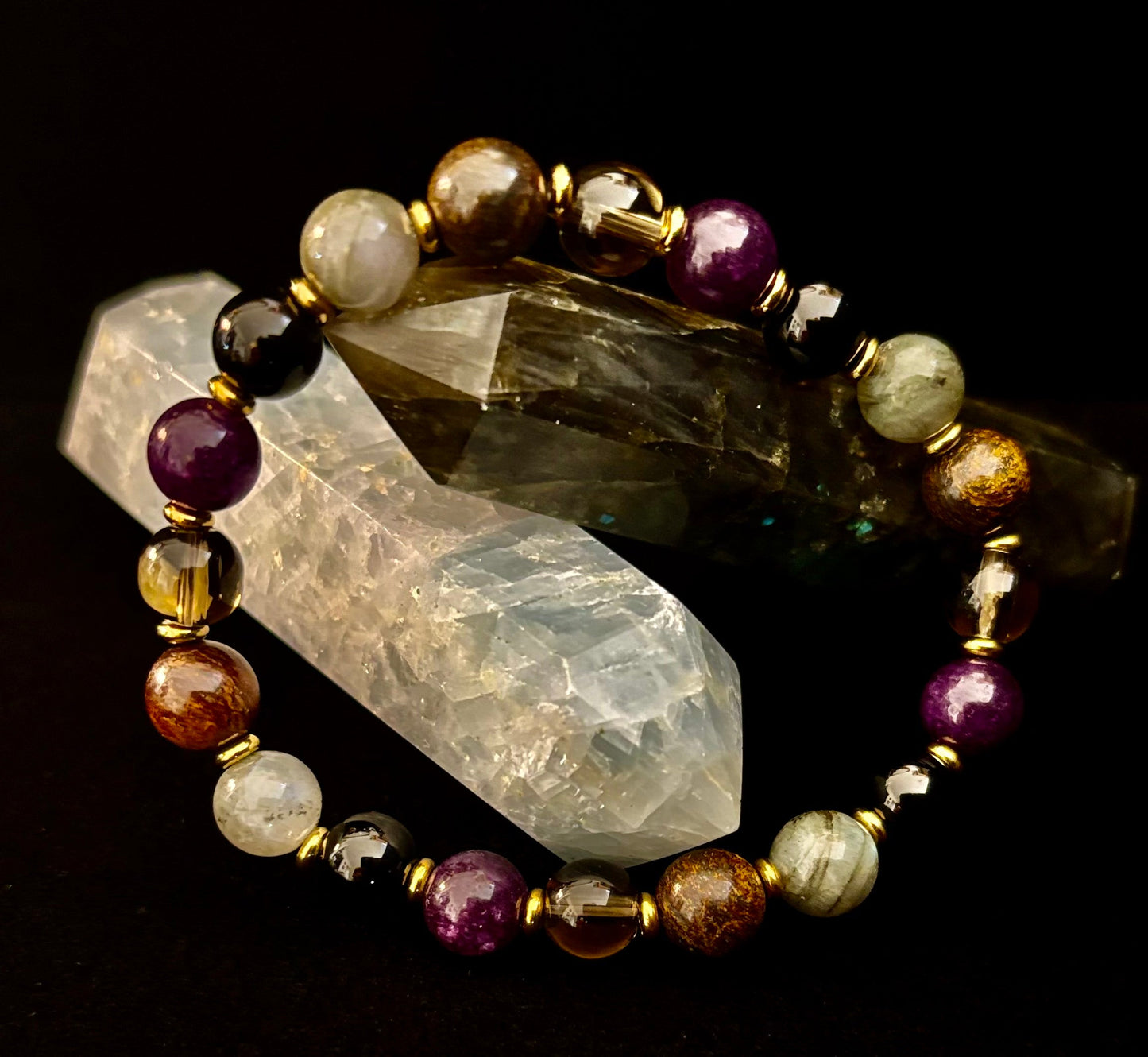 Reiki-Infused Mystic Energy Bracelet with Labradorite, Amethyst, Smoky Quartz, Black Onyx & Tiger’s Eye (8mm)