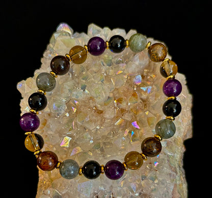 Reiki-Infused Mystic Energy Bracelet with Labradorite, Amethyst, Smoky Quartz, Black Onyx & Tiger’s Eye (8mm)
