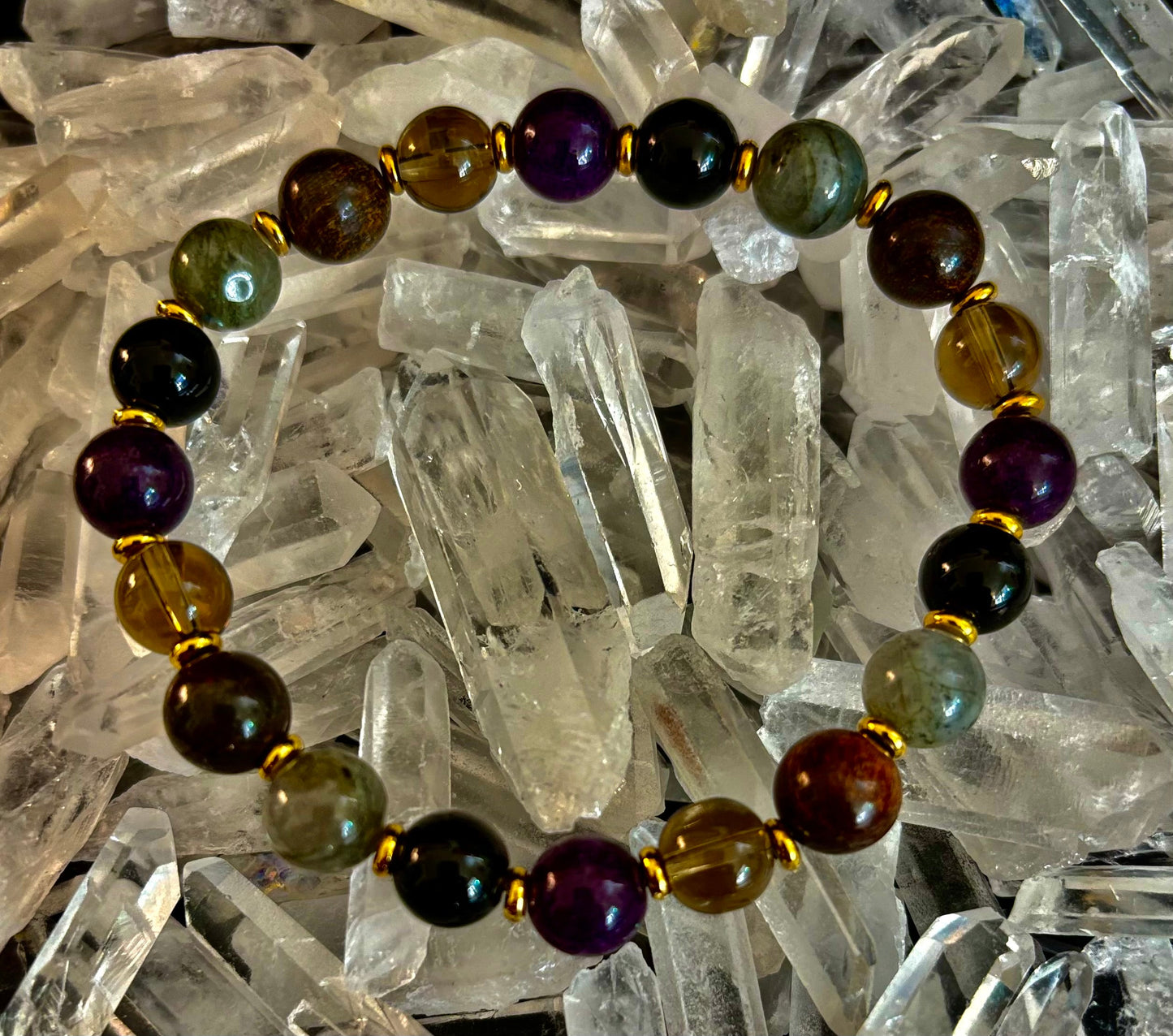 Reiki-Infused Mystic Energy Bracelet with Labradorite, Amethyst, Smoky Quartz, Black Onyx & Tiger’s Eye (8mm)
