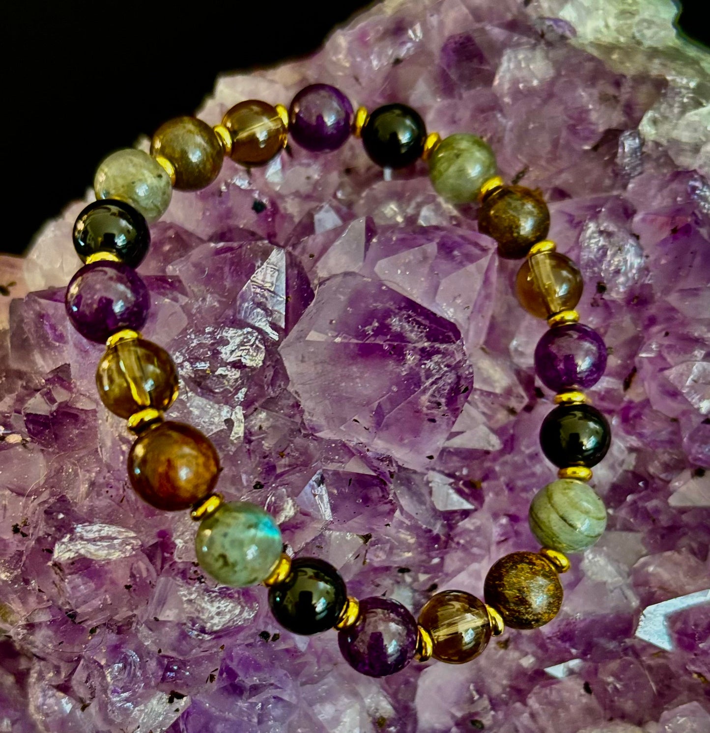 Reiki-Infused Mystic Energy Bracelet with Labradorite, Amethyst, Smoky Quartz, Black Onyx & Tiger’s Eye (8mm)