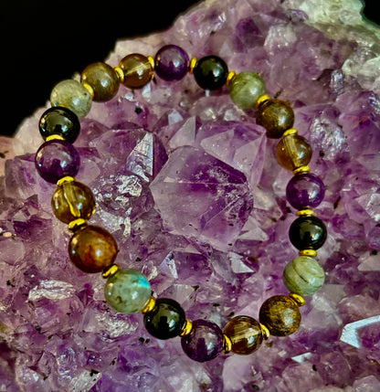 Reiki-Infused Mystic Energy Bracelet with Labradorite, Amethyst, Smoky Quartz, Black Onyx & Tiger’s Eye (8mm)