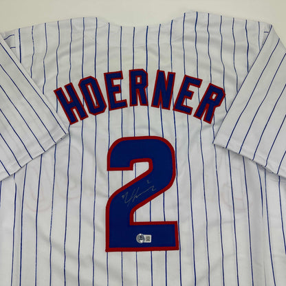 Autographed/Signed Nico Hoerner Chicago Pinstripe Baseball Jersey Beckett BAS COA