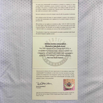 Autographed/Signed Michael Jordan Chicago White Basketball Jersey Upper Deck UDA COA