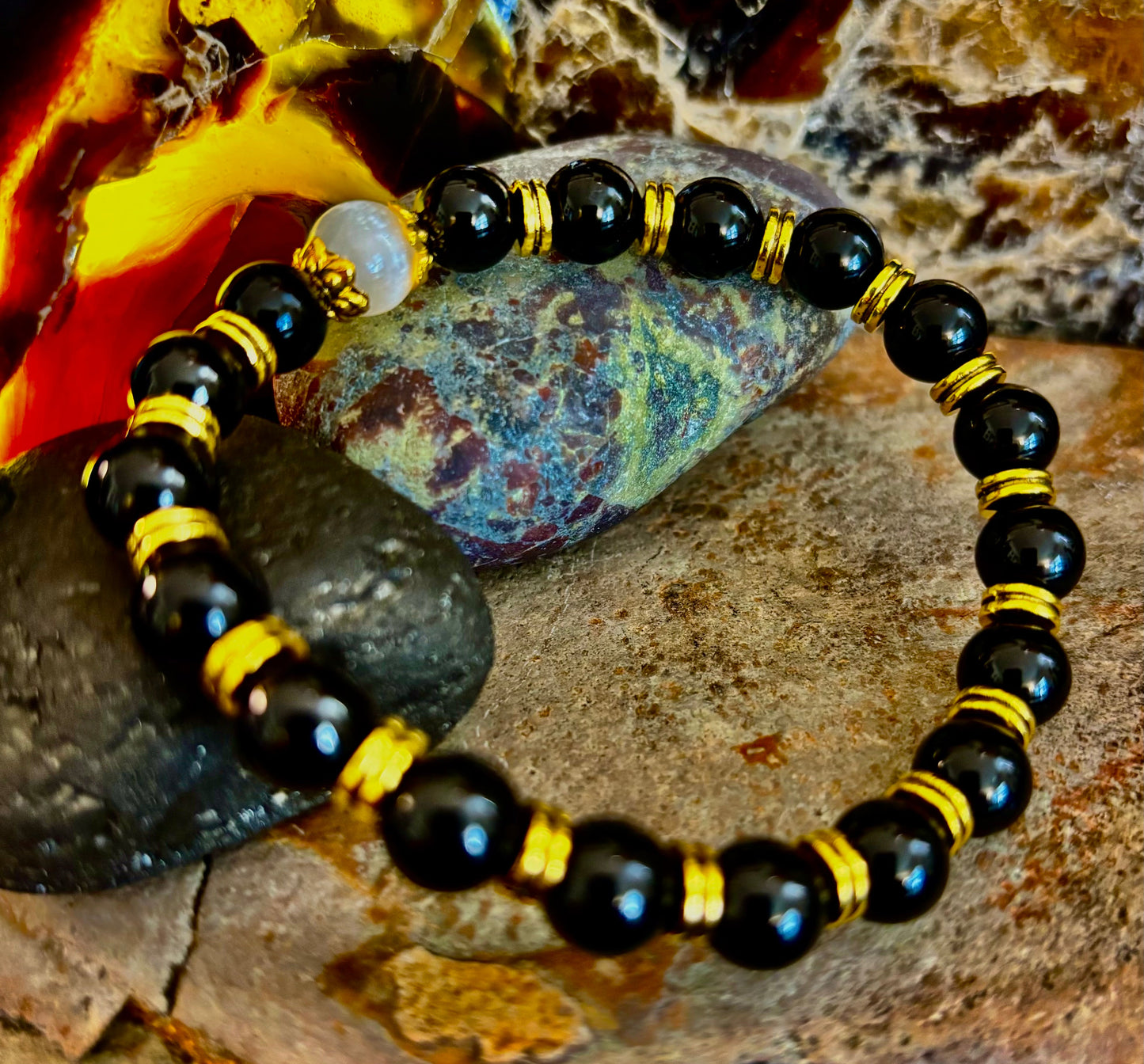 Divine Balance Bracelet – Selenite & Black Obsidian with Gold Accents