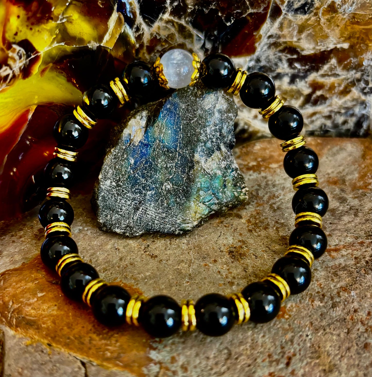 Divine Balance Bracelet – Selenite & Black Obsidian with Gold Accents