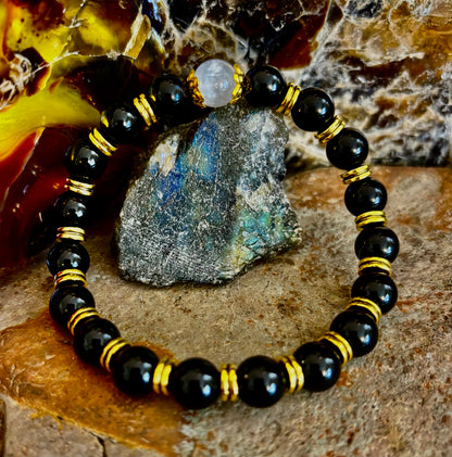 Divine Balance Bracelet – Selenite & Black Obsidian with Gold Accents