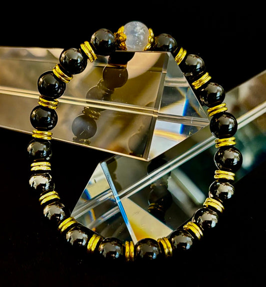 Divine Balance Bracelet – Selenite & Black Obsidian with Gold Accents