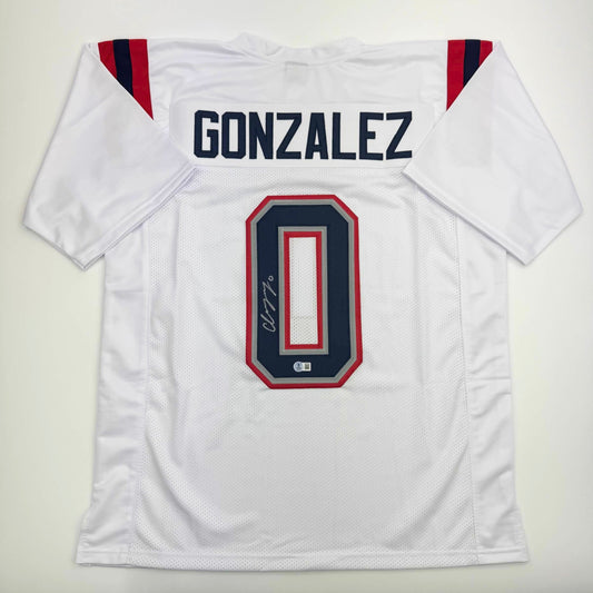 Autographed/Signed Christian Gonzalez New England White Football Jersey Beckett BAS COA