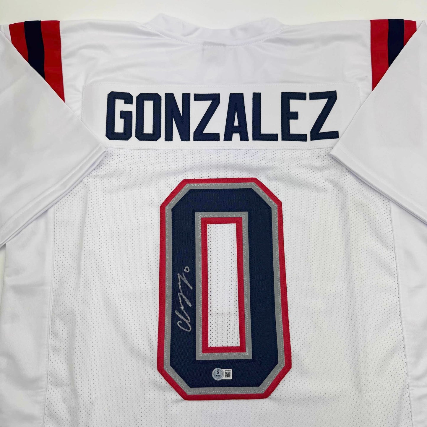 Autographed/Signed Christian Gonzalez New England White Football Jersey Beckett BAS COA