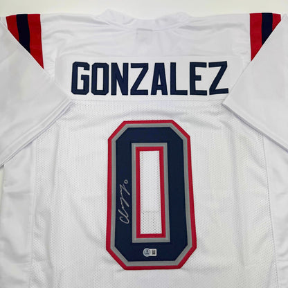 Autographed/Signed Christian Gonzalez New England White Football Jersey Beckett BAS COA