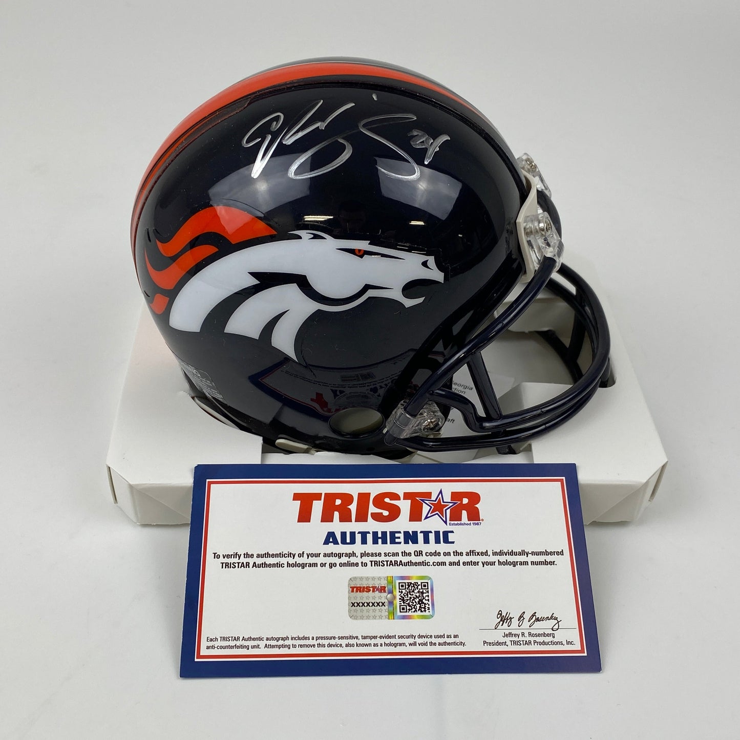 Autographed/Signed Champ Bailey Denver Broncos Mini Football Helmet Tristar COA