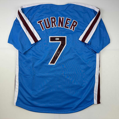 Autographed/Signed Trea Turner Philadelphia Blue Retro Baseball Jersey Beckett BAS COA