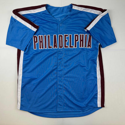 Autographed/Signed Trea Turner Philadelphia Blue Retro Baseball Jersey Beckett BAS COA