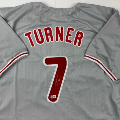 Autographed/Signed Trea Turner Philadelphia Grey Baseball Jersey Beckett BAS COA
