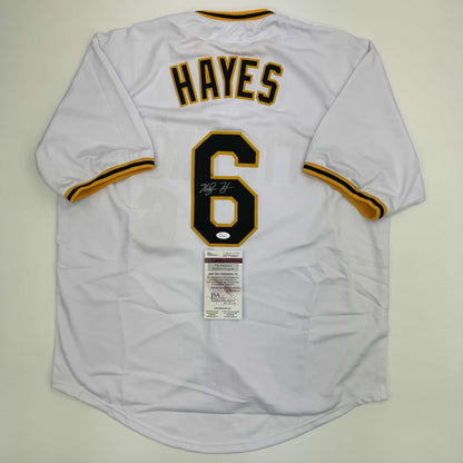 Autographed/Signed Ke'Bryan Hayes Pittsburgh White Baseball Jersey Beckett BAS COA #2