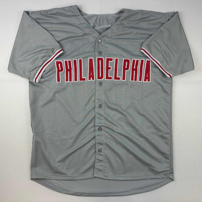 Autographed/Signed Trea Turner Philadelphia Grey Baseball Jersey Beckett BAS COA