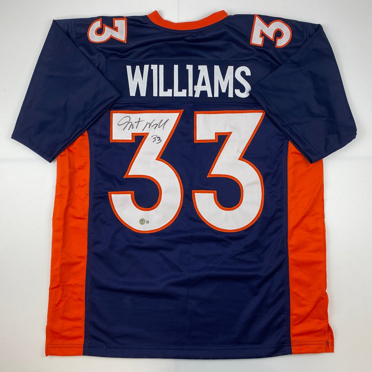 Autographed/Signed Javonte Williams Denver Blue Football Jersey Beckett BAS COA