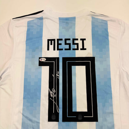 Autographed/Signed Lionel Leo Messi Argentina Blue/White Soccer Jersey Beckett BAS COA