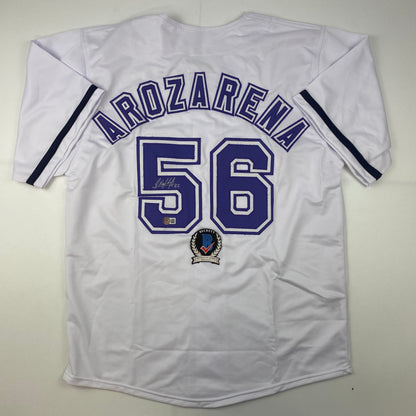 Autographed/Signed Randy Arozarena Tampa Bay White Retro Baseball Jersey Beckett BAS COA