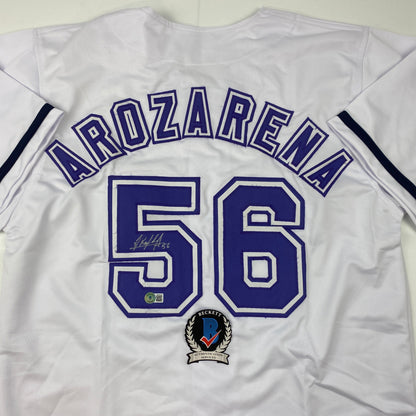 Autographed/Signed Randy Arozarena Tampa Bay White Retro Baseball Jersey Beckett BAS COA