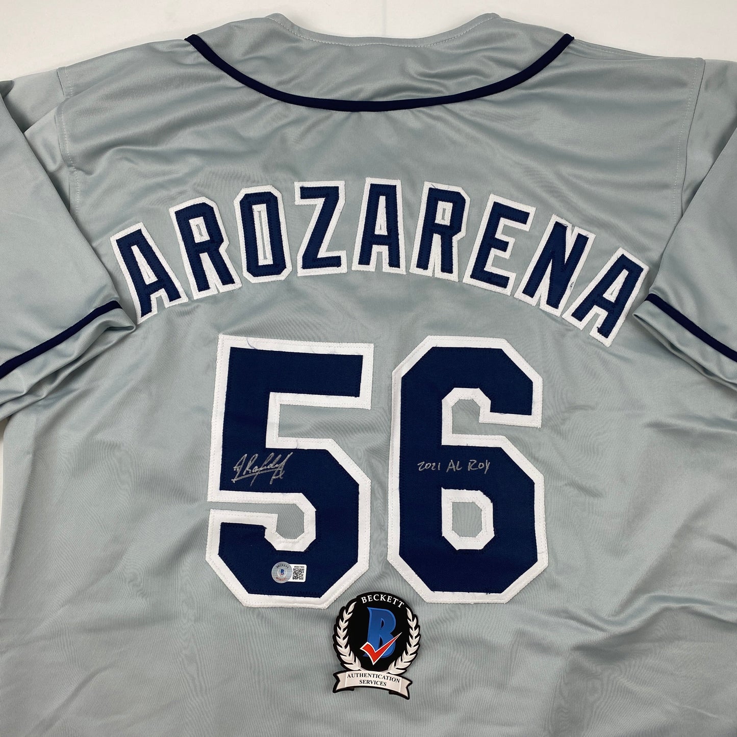 Autographed/Signed Randy Arozarena Tampa Bay Grey Baseball Jersey Beckett BAS COA