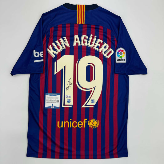 Autographed/Signed Sergio Kun Aguero FC Barcelona Red/Blue Soccer Futbol Jersey Beckett BAS COA #2
