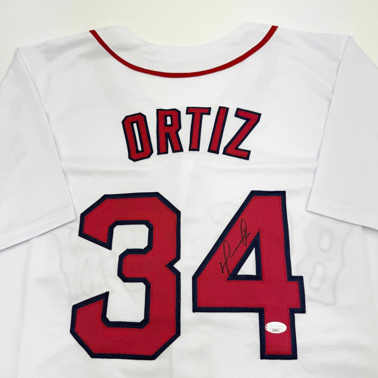 Autographed/Signed David Ortiz Boston White Baseball Jersey JSA COA
