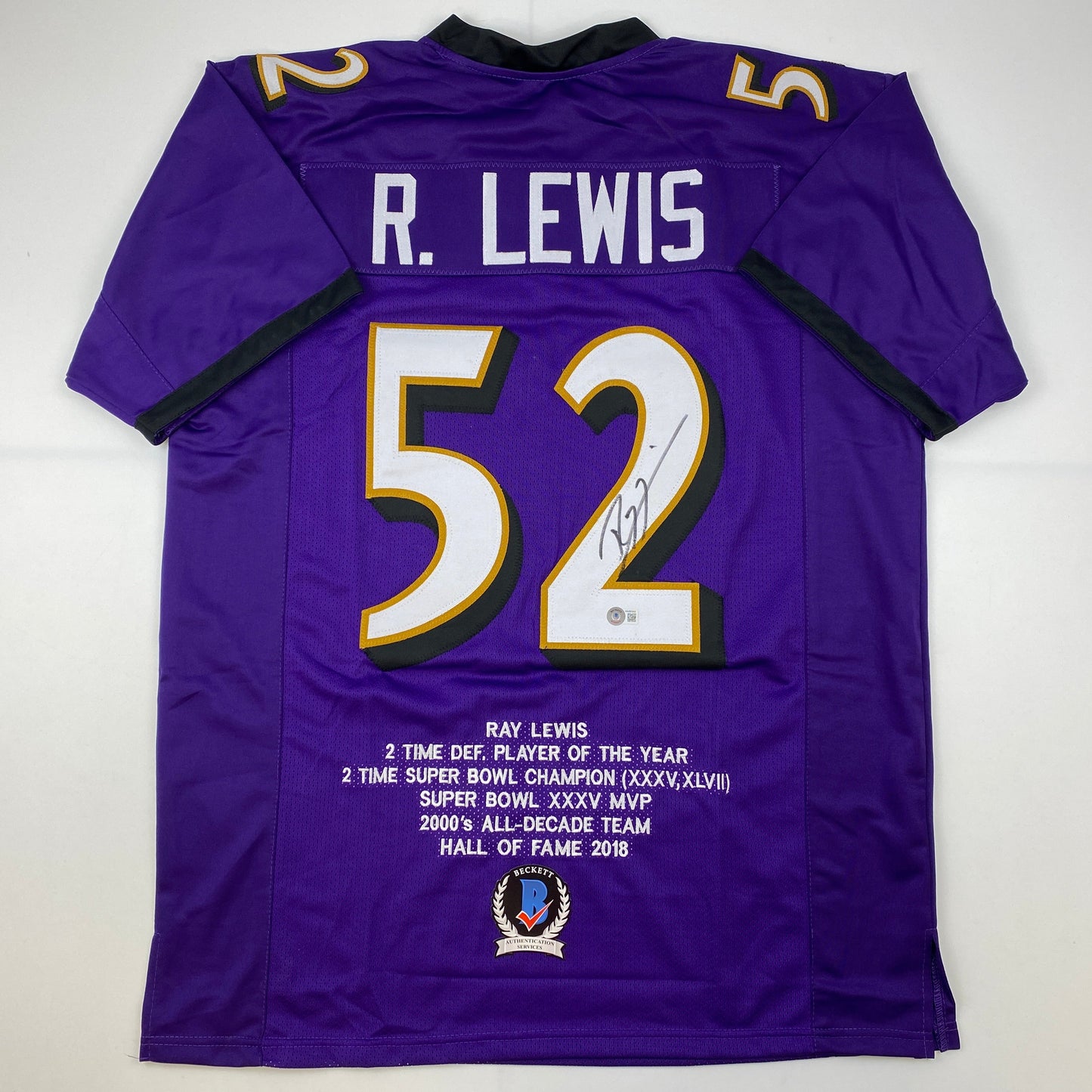 Autographed/Signed Ray Lewis Baltimore Purple Stat Football Jersey Beckett BAS COA