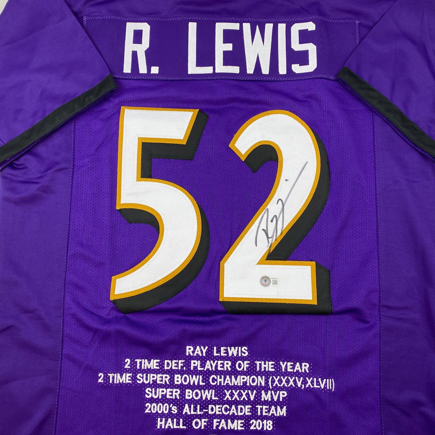 Autographed/Signed Ray Lewis Baltimore Purple Stat Football Jersey Beckett BAS COA