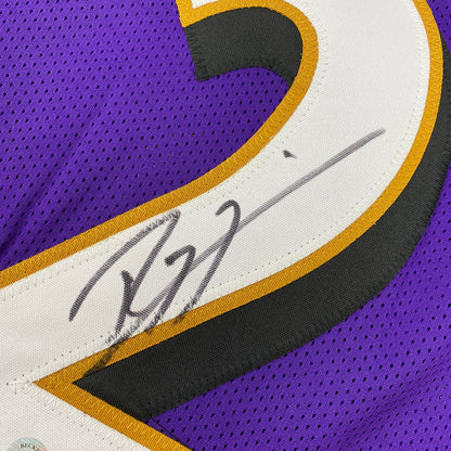 Autographed/Signed Ray Lewis Baltimore Purple Stat Football Jersey Beckett BAS COA
