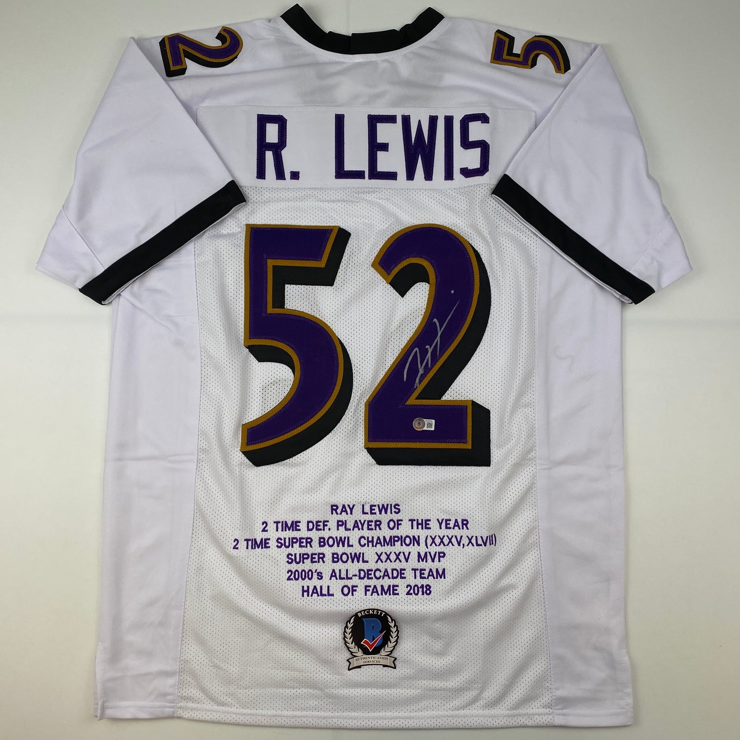 Autographed/Signed Ray Lewis Baltimore White Stat Football Jersey Beckett BAS COA