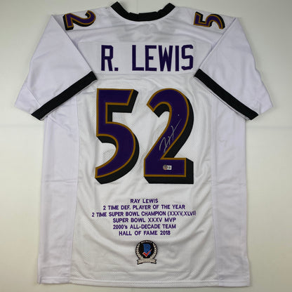 Autographed/Signed Ray Lewis Baltimore White Stat Football Jersey Beckett BAS COA