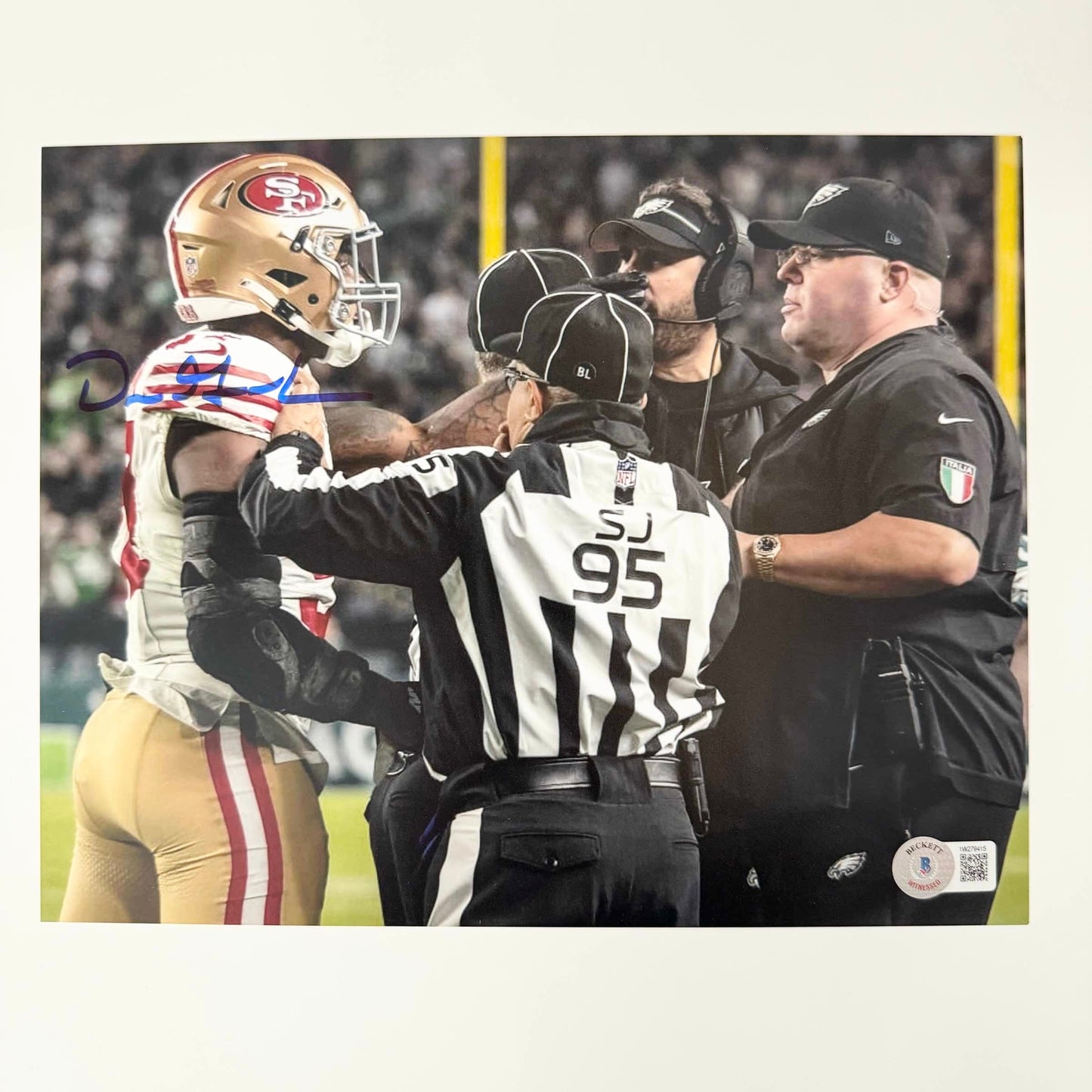 Autographed/Signed Dre Greenlaw vs Big Dom San Francisco 49ers 8x10 Football Photo Beckett BAS COA