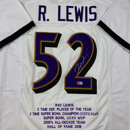 Autographed/Signed Ray Lewis Baltimore White Stat Football Jersey Beckett BAS COA
